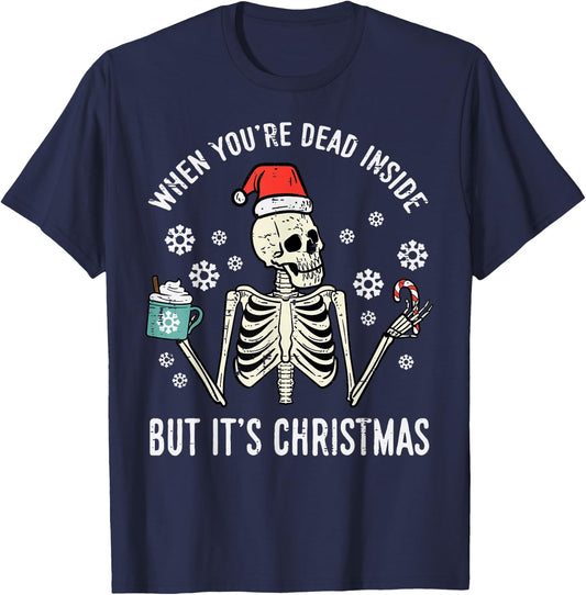Dead Inside But Its Christmas Skeleton Coffee Xmas Women Men T-Shirt - T-Shirt | Navy