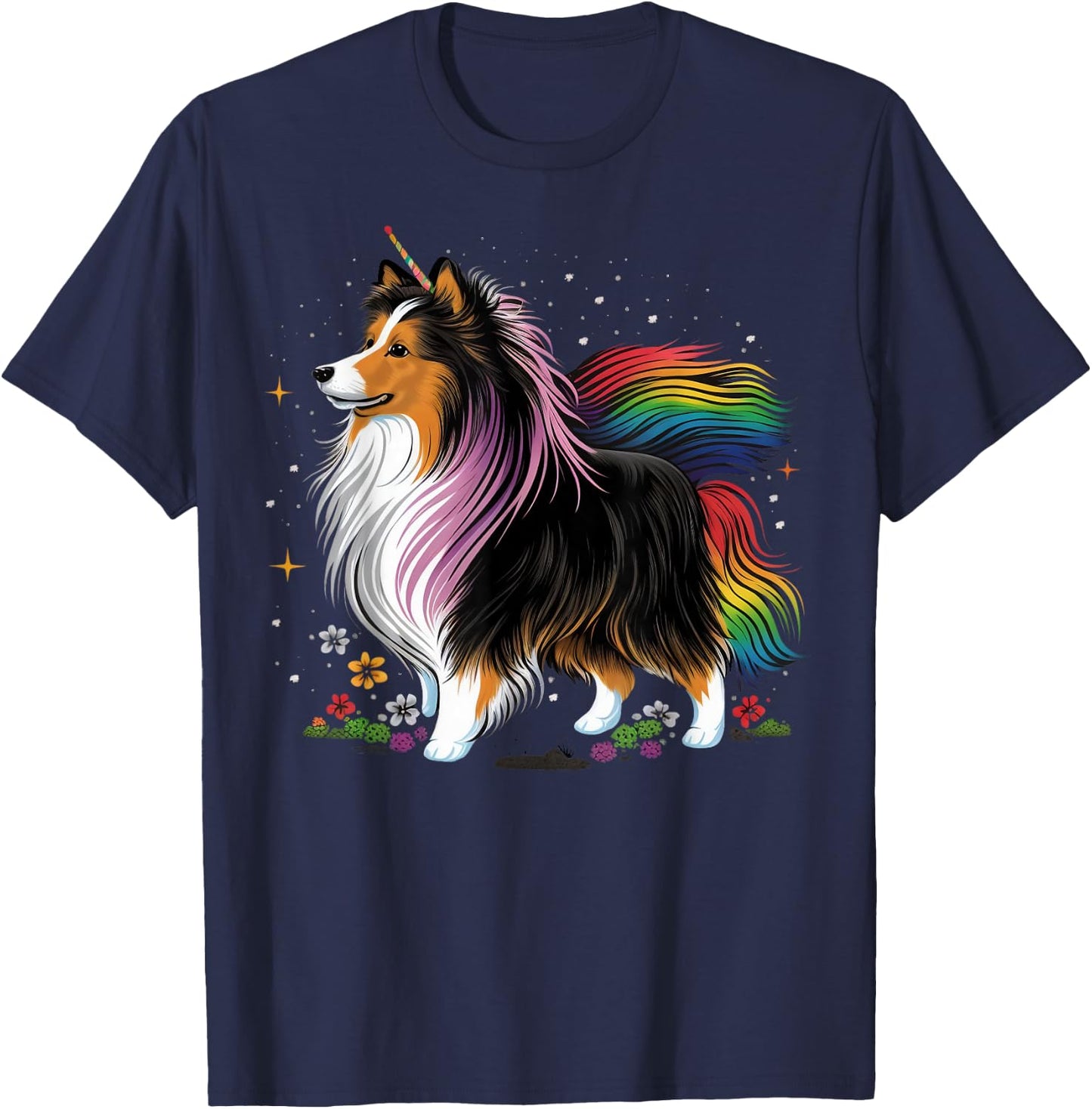 Sheltie Unicorn on Rainbow Unicorn Shetland Sheepdog T-Shirt - T-Shirt | Navy