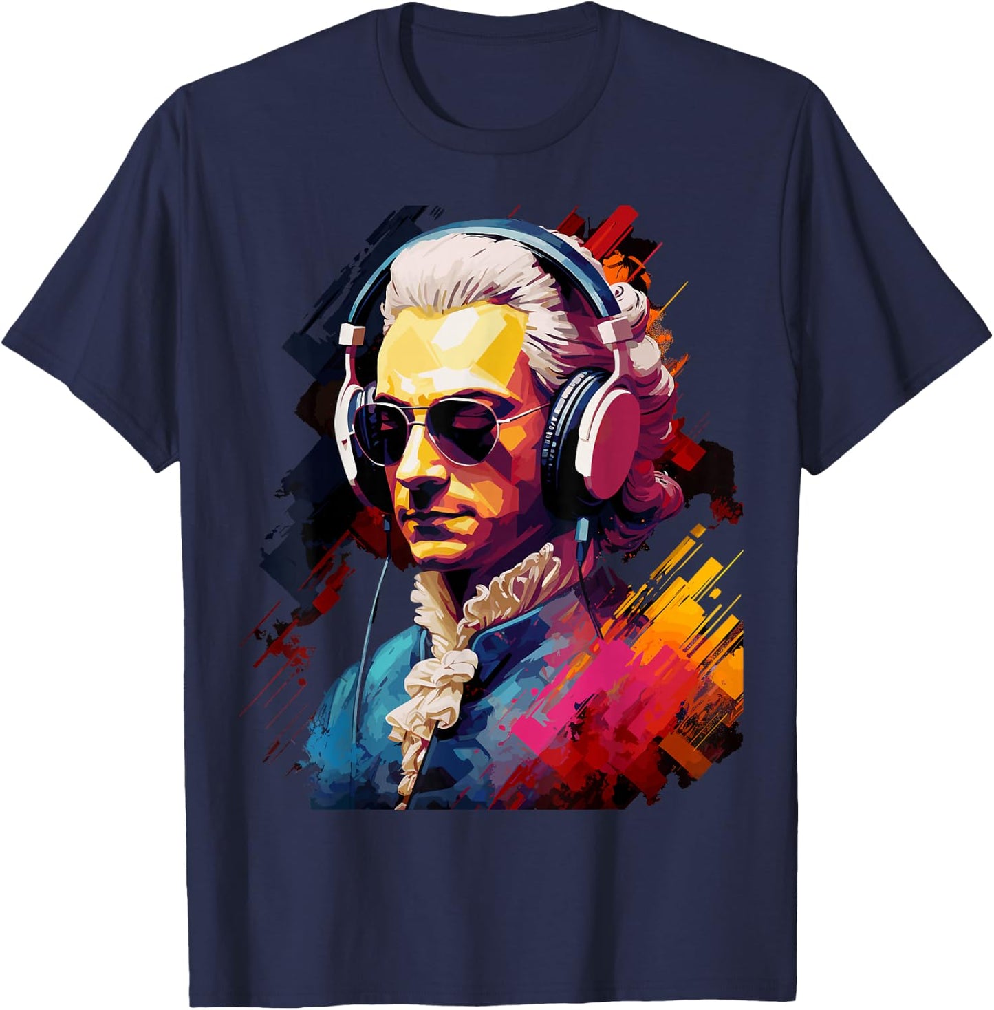 Colorful Mozart With Headphones - Classic Music Themed T-Shirt - T-Shirt | Navy