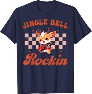 Jingle Bell Rocking Christmas Reindeer Rock n Roll Guitar T-Shirt - T-Shirt | Navy