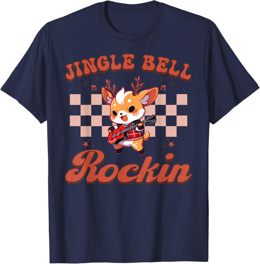 Jingle Bell Rocking Christmas Reindeer Rock n Roll Guitar T-Shirt - T-Shirt | Navy