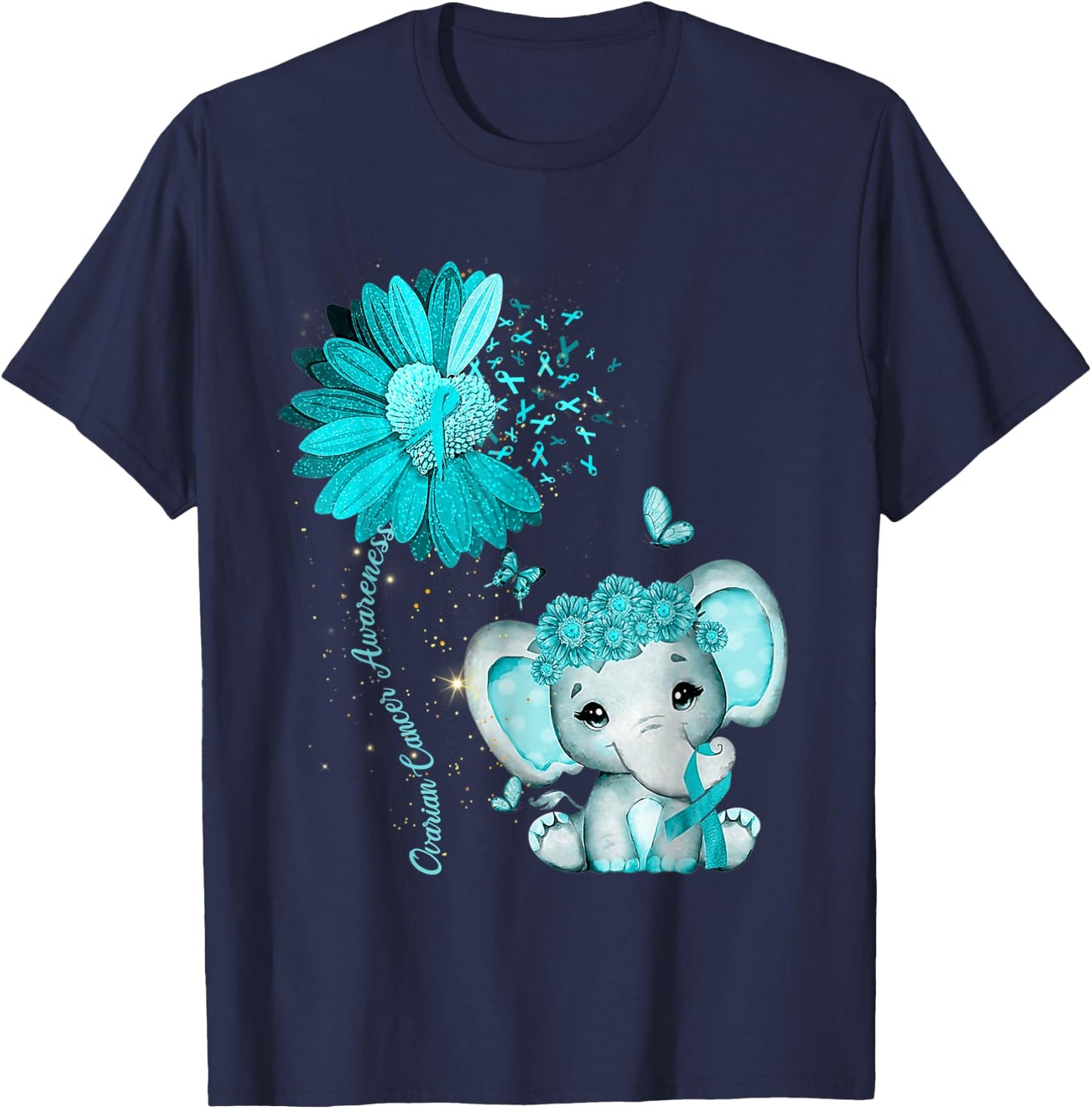 Ovarian Cancer Awareness Sunflower Teal Ribbon Elephant T-Shirt - T-Shirt | Navy