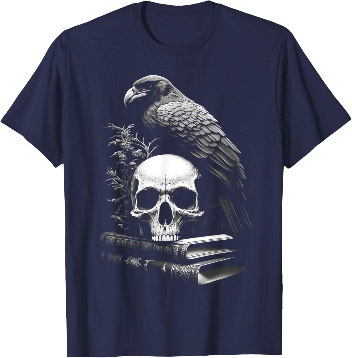 Raven Bird, Skull And Books Witchy Occult Academia Symbolism T-Shirt - T-Shirt | Navy