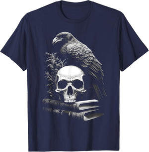 Raven Bird, Skull And Books Witchy Occult Academia Symbolism T-Shirt - T-Shirt | Navy