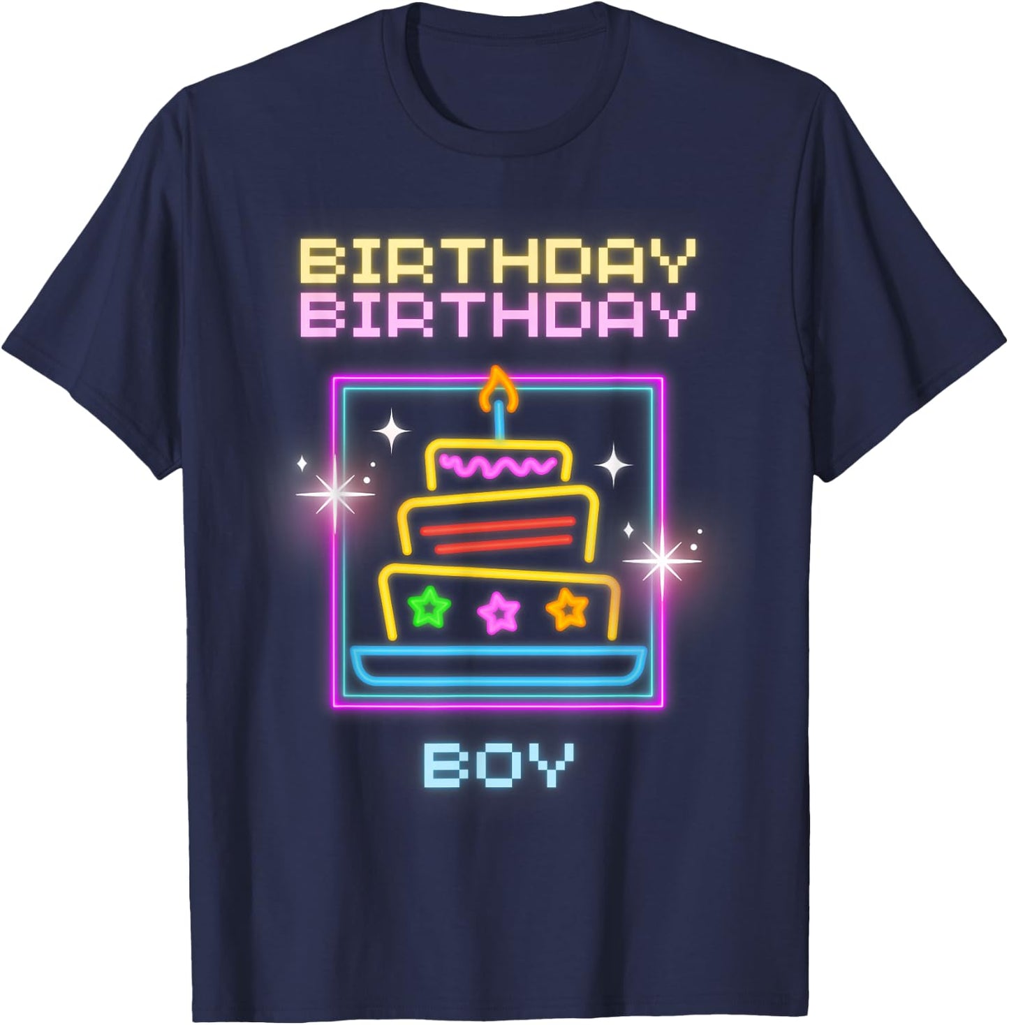 Birthday Boy with Neon Cake T-Shirt - T-Shirt | Navy