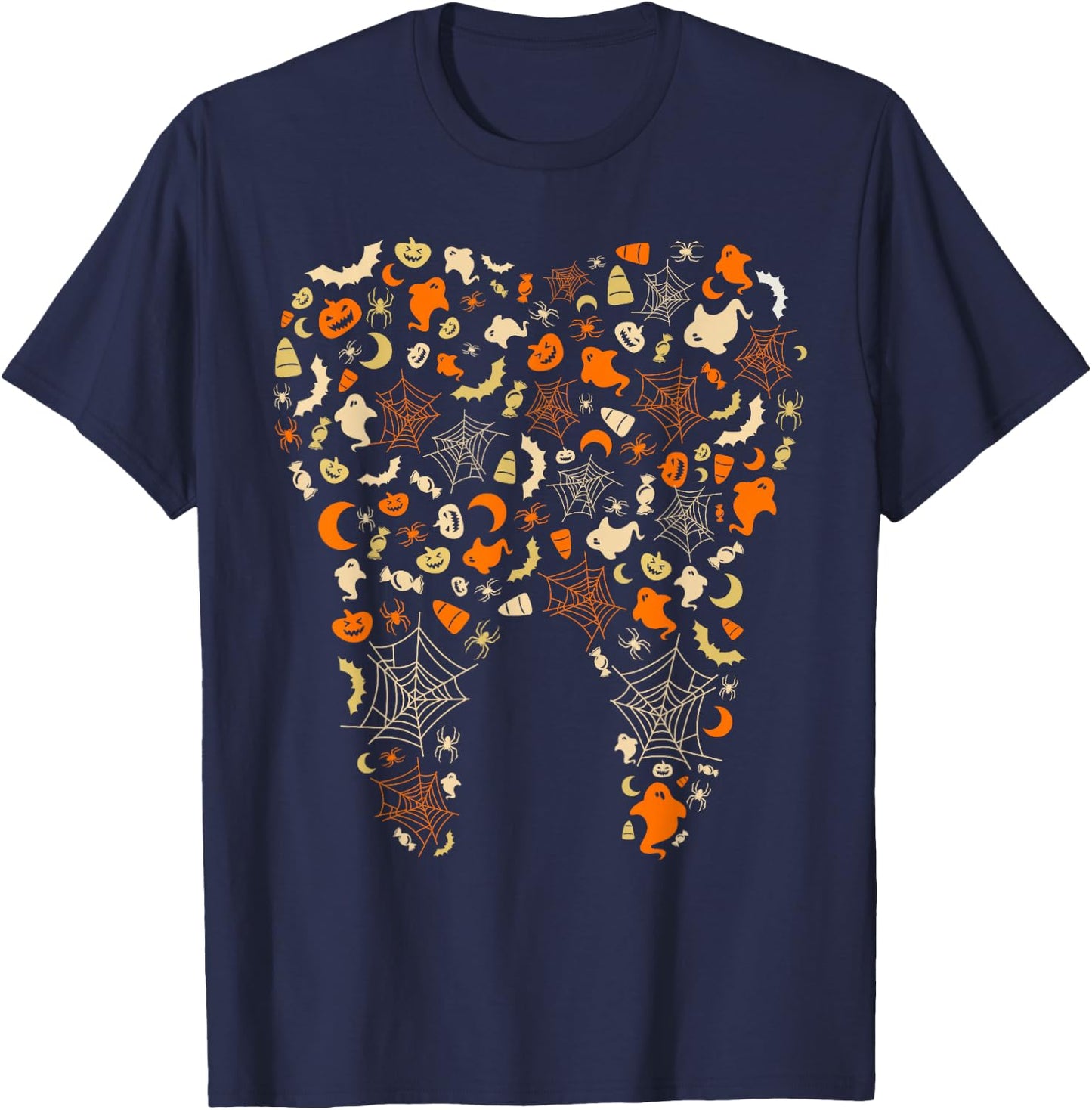 Ghosts & Pumpkins Spider Webs Tooth Dental Squad Halloween T-Shirt - T-Shirt | Navy