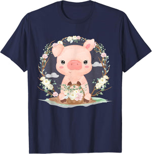 Adorable Little Pig With Flowers T-Shirt - T-Shirt | Navy