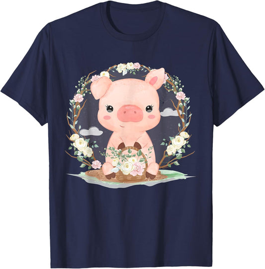 Adorable Little Pig With Flowers T-Shirt - T-Shirt | Navy