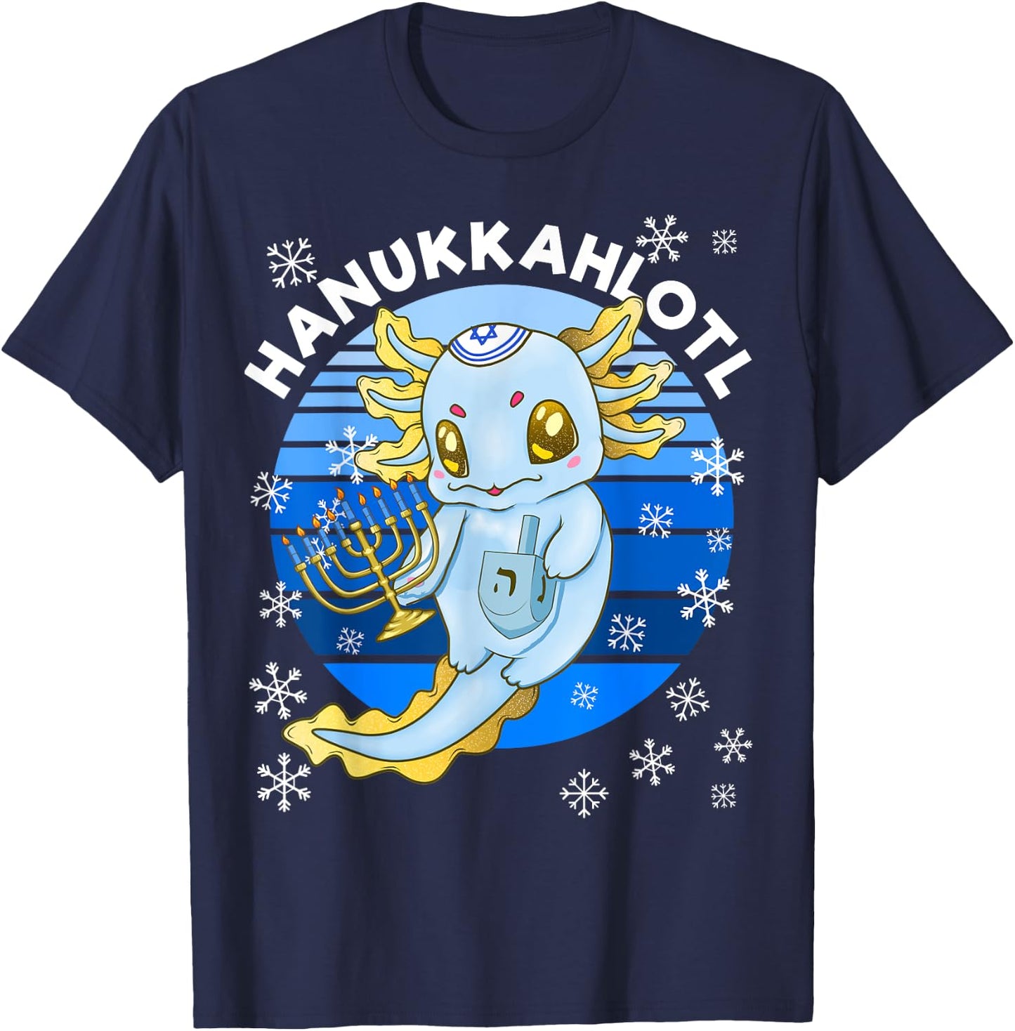Axolotl Hanukkah With Dreidel Menorah Men Women Kids T-Shirt - T-Shirt | Navy