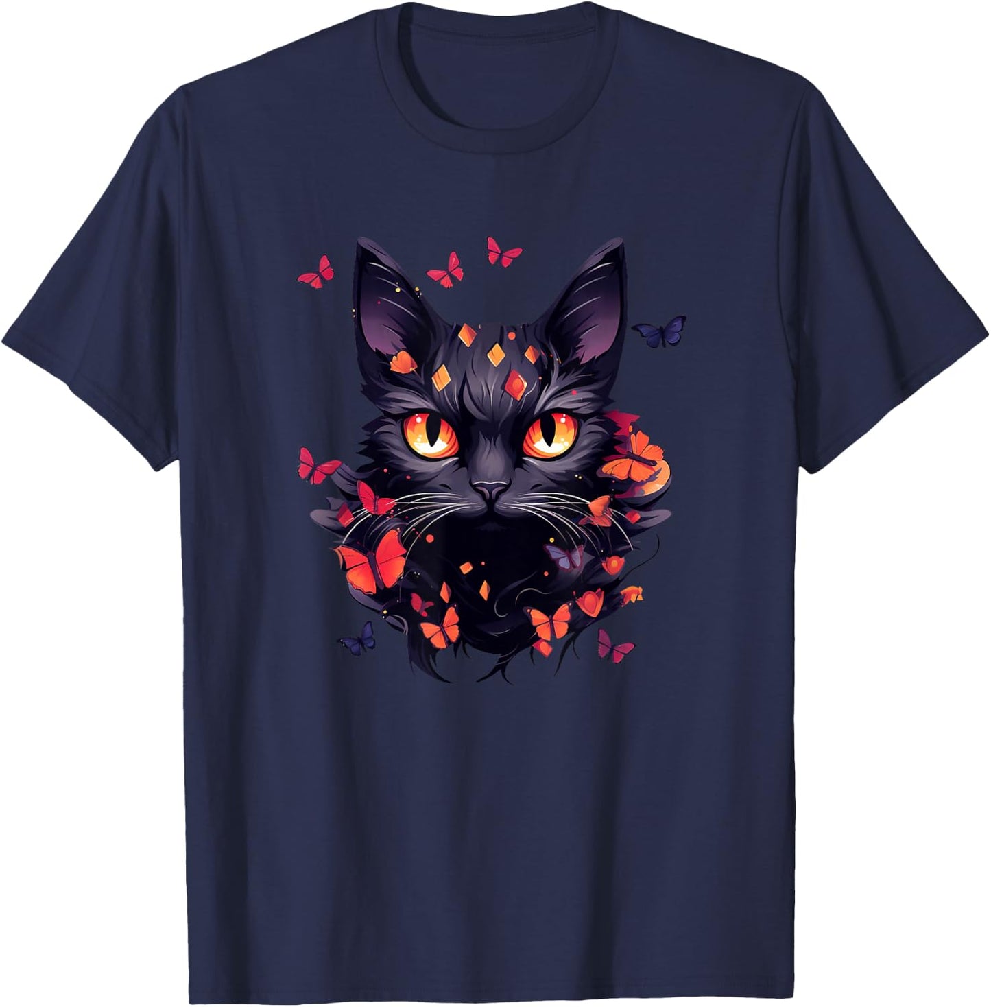 Black Cat with Butterflies Butterfly Cats Animal T-Shirt - T-Shirt | Navy