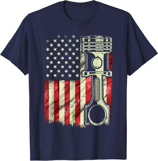 Mechanic American Flag Piston Muscle Car Patriotic Vintage T-Shirt - T-Shirt | Navy