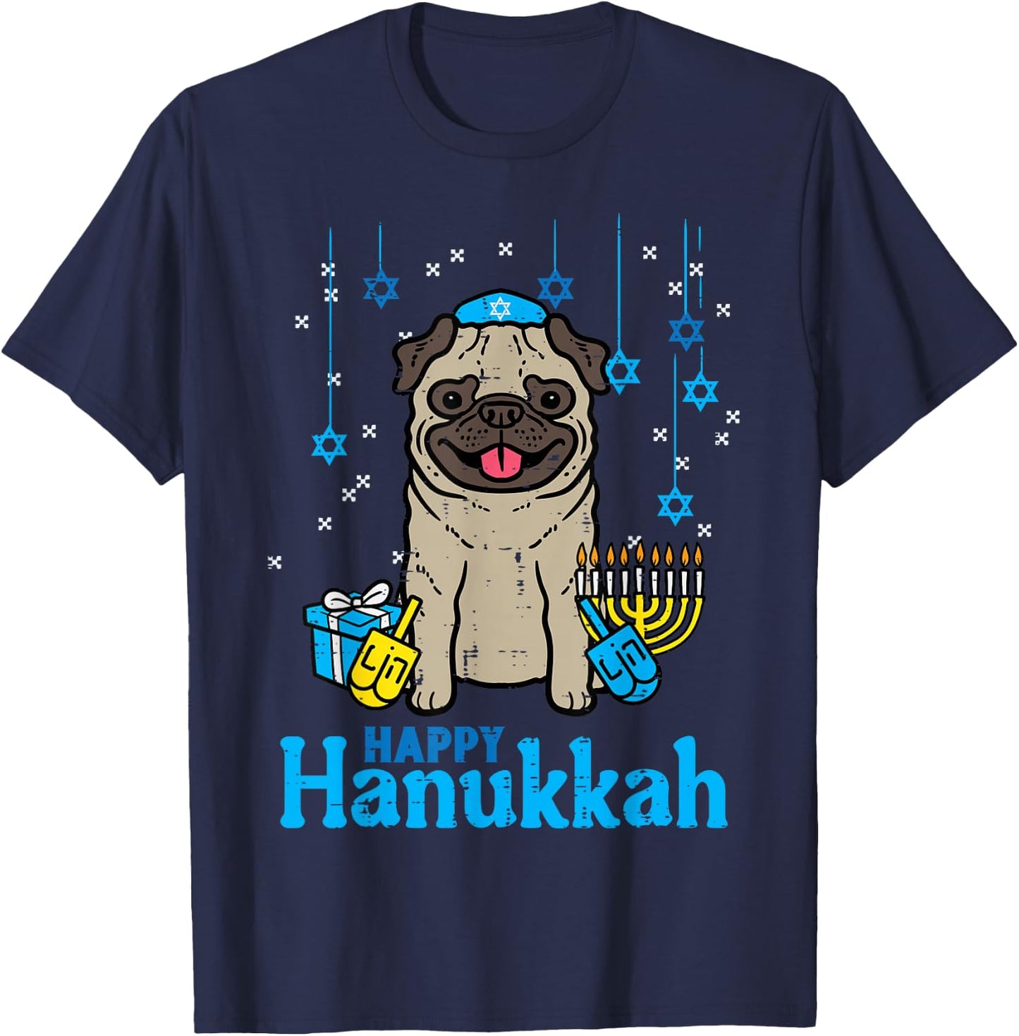 Happy Hanukkah Dog Pug Cute Chanukah Jewish Men Women Kids T-Shirt - T-Shirt | Navy