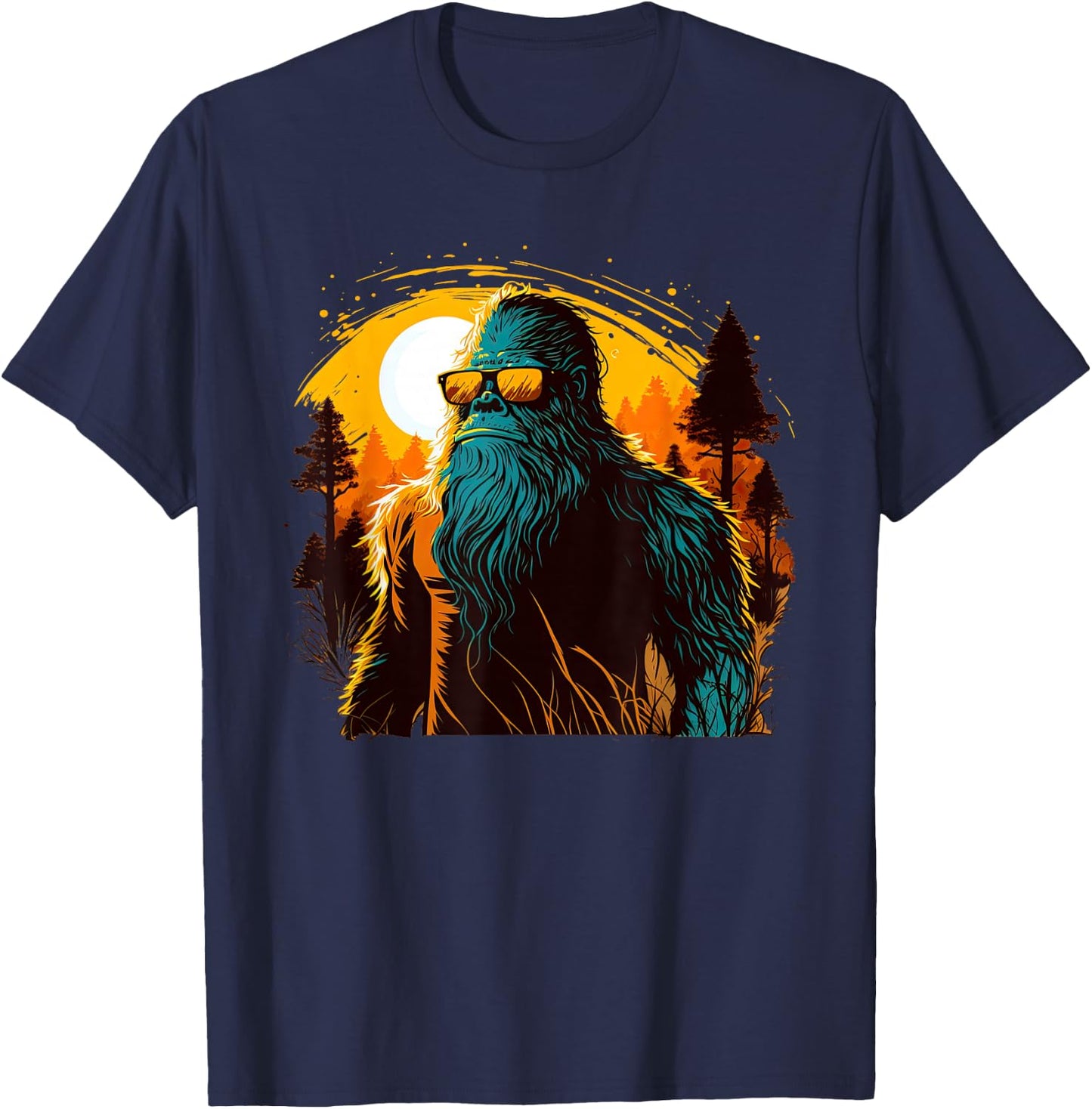Cool Bigfoot Sasquatch Sunset Forest Retro Cryptid yeti T-Shirt - T-Shirt | Navy