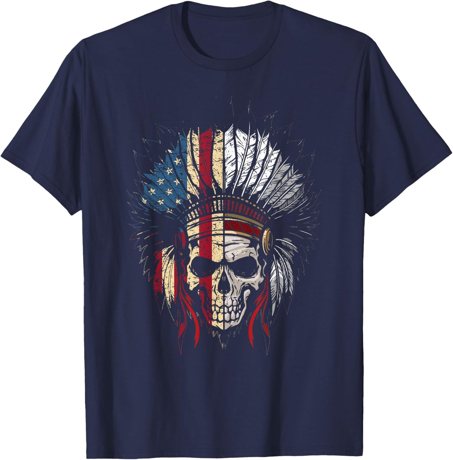 American Native Headdress USA Flag Indian Skull Women Men T-Shirt - T-Shirt | Navy