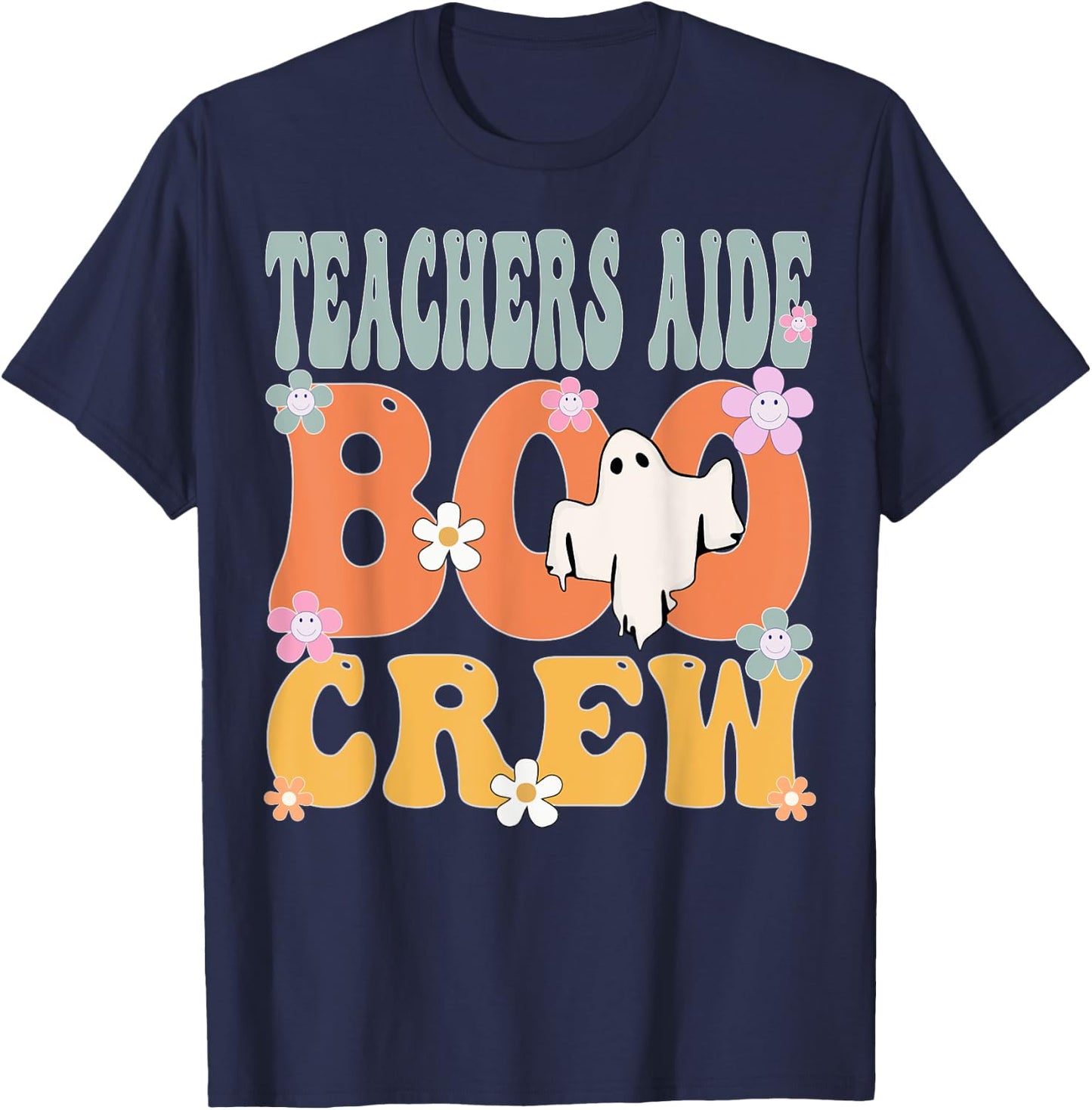 Teachers Aide Boo Crew Ghost Groovy Halloween T-Shirt - T-Shirt | Navy