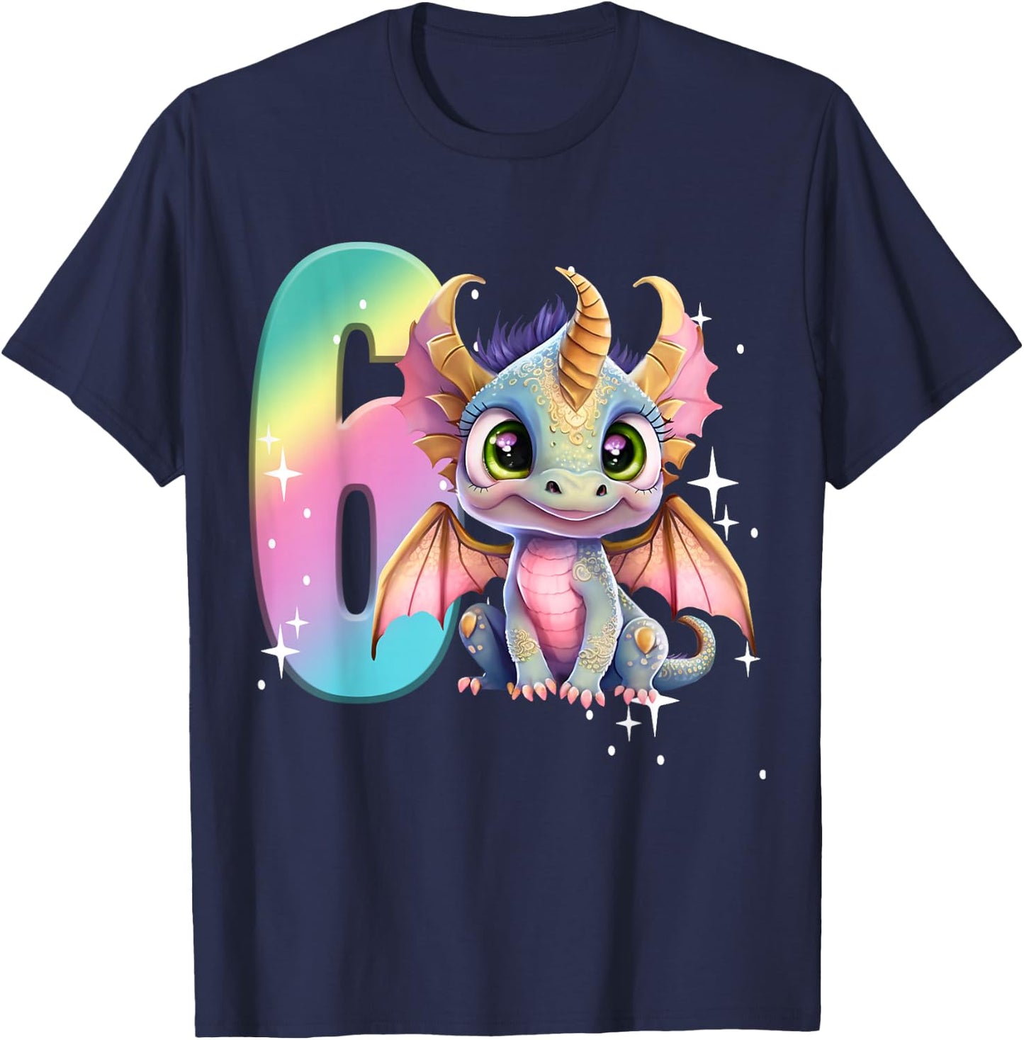 6th Birthday Shirt Dragon Party Rainbow Girl Dragon Cute Six T-Shirt - T-Shirt | Navy