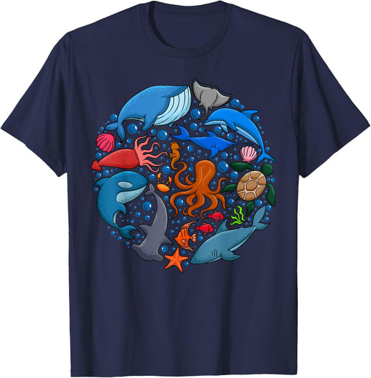 Cute Sea Animals Ocean Creatures Marine Wildlife T-Shirt - T-Shirt | Navy