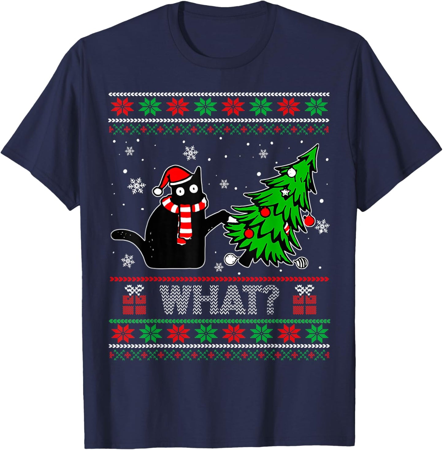 Funny Black Cat What? Pushing Christmas Tree Ugly Sweater T-Shirt - T-Shirt | Navy