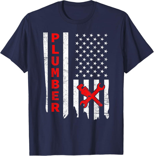 Plumber USA Flag Pipe Wrench Tradesman plumbing Pipefitter T-Shirt - T-Shirt | Navy