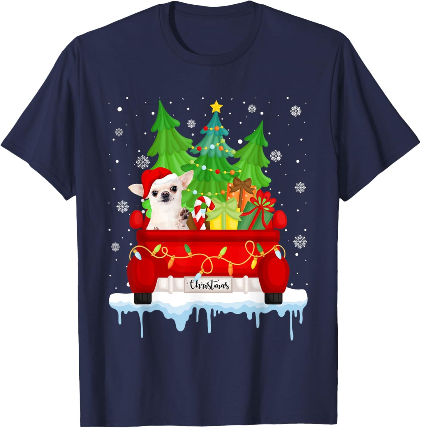 Red Truck Merry Christmas Tree Xmas Chihuahua Dog T-Shirt - T-Shirt | Navy