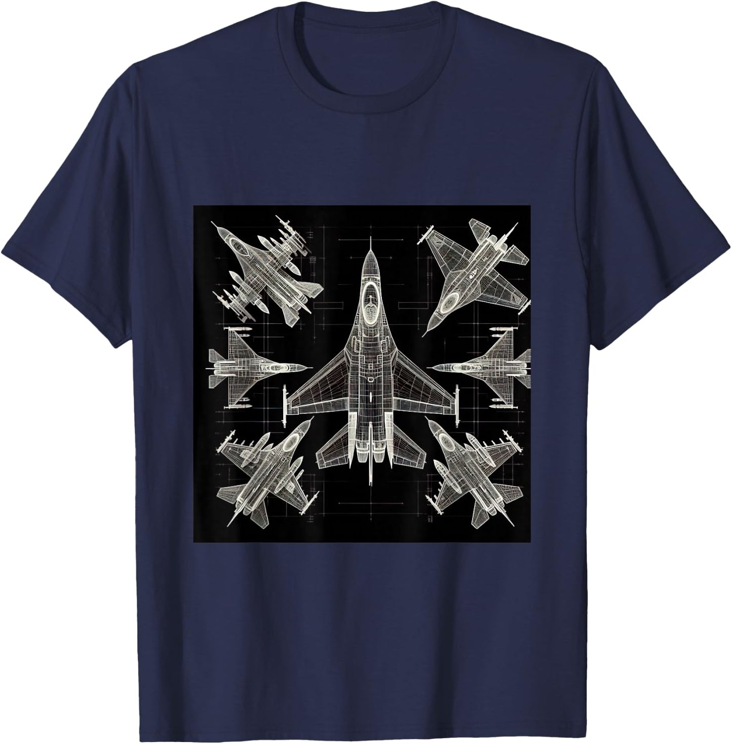 F16 Viper Jet Fighter Wireframe Blueprint T-Shirt - T-Shirt | Navy