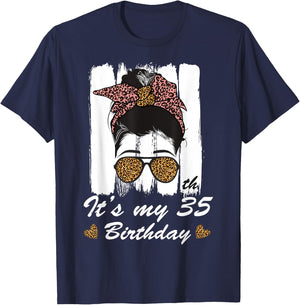 35 Year Old Birthday Messy Bun Leopard It's My 35th B-Day T-Shirt - T-Shirt | Navy