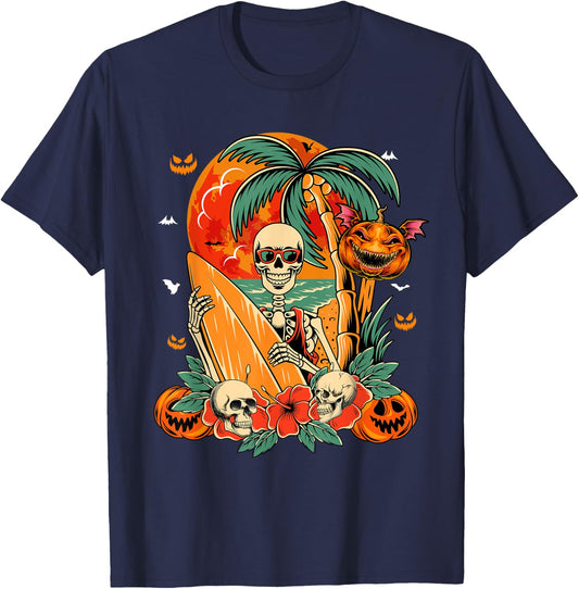 Skeleton Surfer Halloween Hawaiian Floral Carved Pumpkins T-Shirt - T-Shirt | Navy