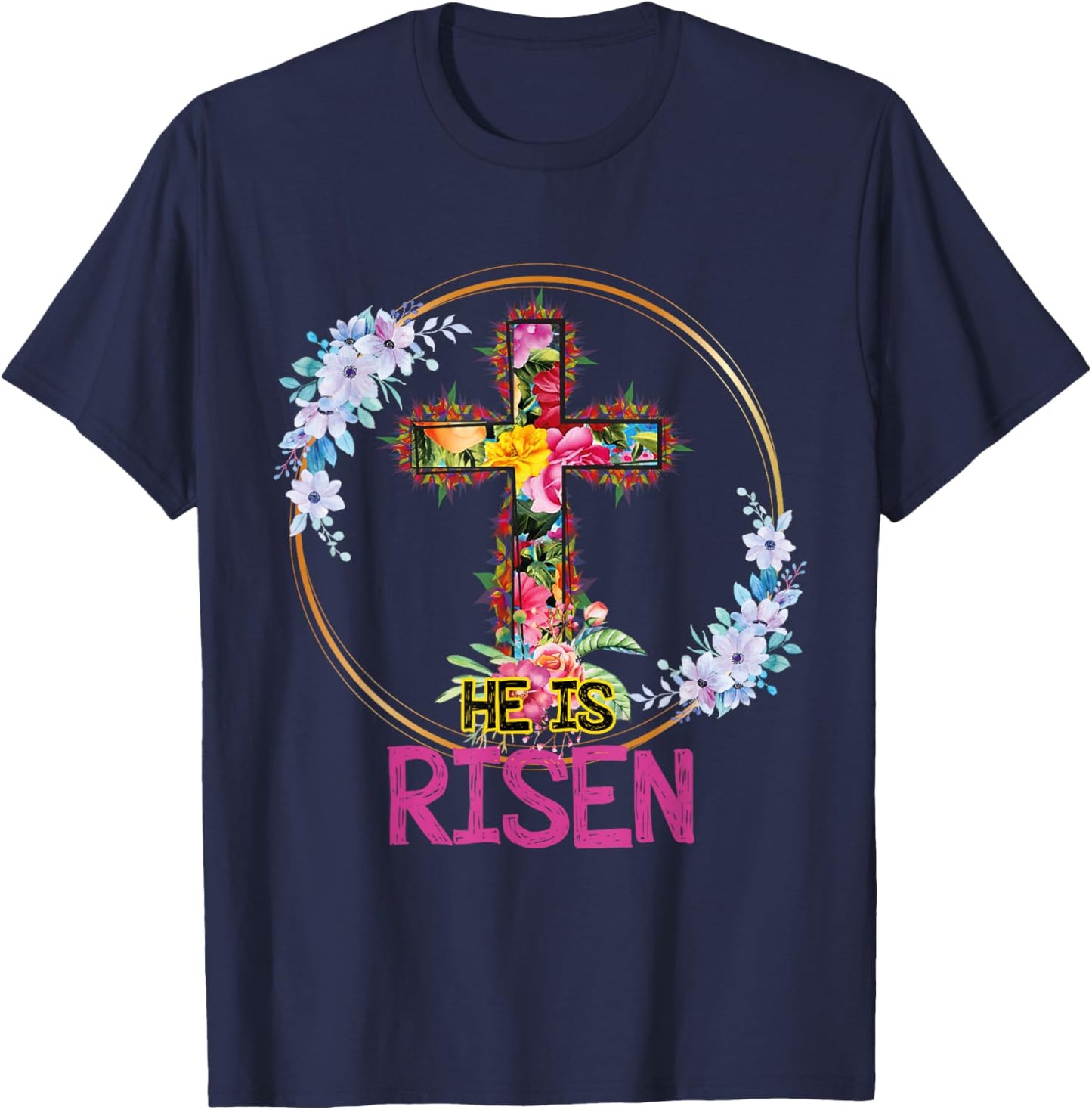 He is Risen Floral Tie Dye Vintage Cross Happy Easter T-Shirt - T-Shirt | Navy