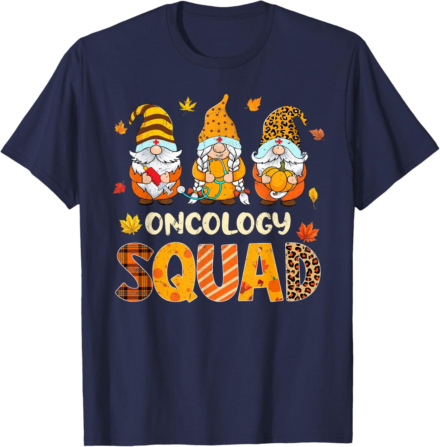 Oncology Squad Cute Gnome Nurse Leopard Thanksgiving Fall T-Shirt - T-Shirt | Navy