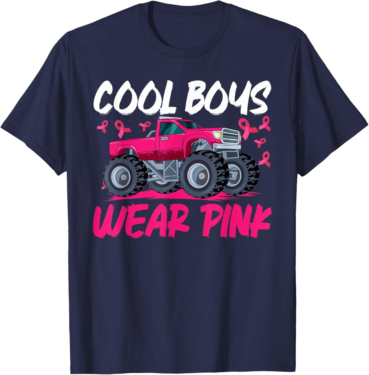 Monster Truck Breast Cancer Awareness Cool Boys Wear Pink T-Shirt - T-Shirt | Navy