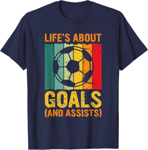 Vintage Retro Life's About Goals and Assists Funny Soccer T-Shirt - T-Shirt | Navy