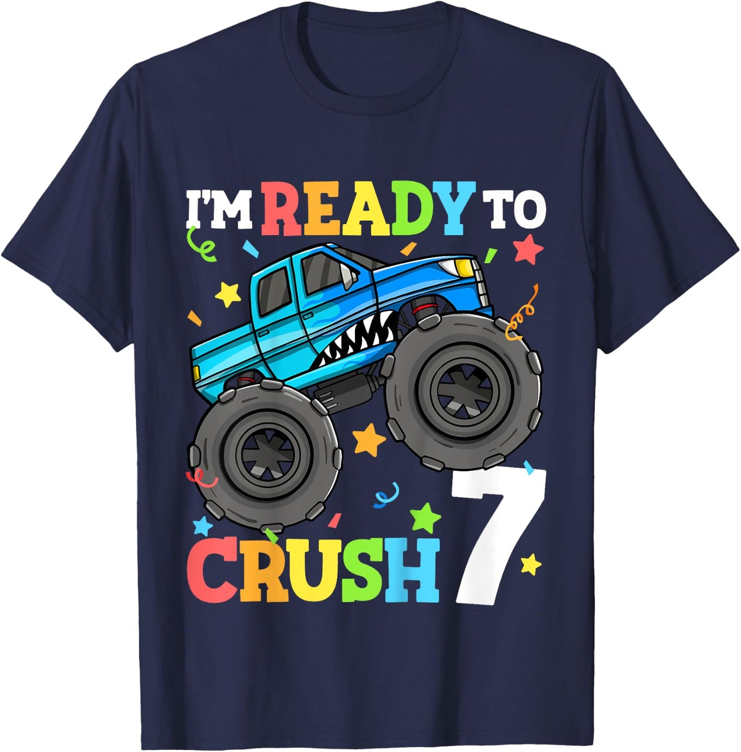 Kids Monster Truck Shark 7th Birthday Boy 7 Seven Year Old T-Shirt - T-Shirt | Navy