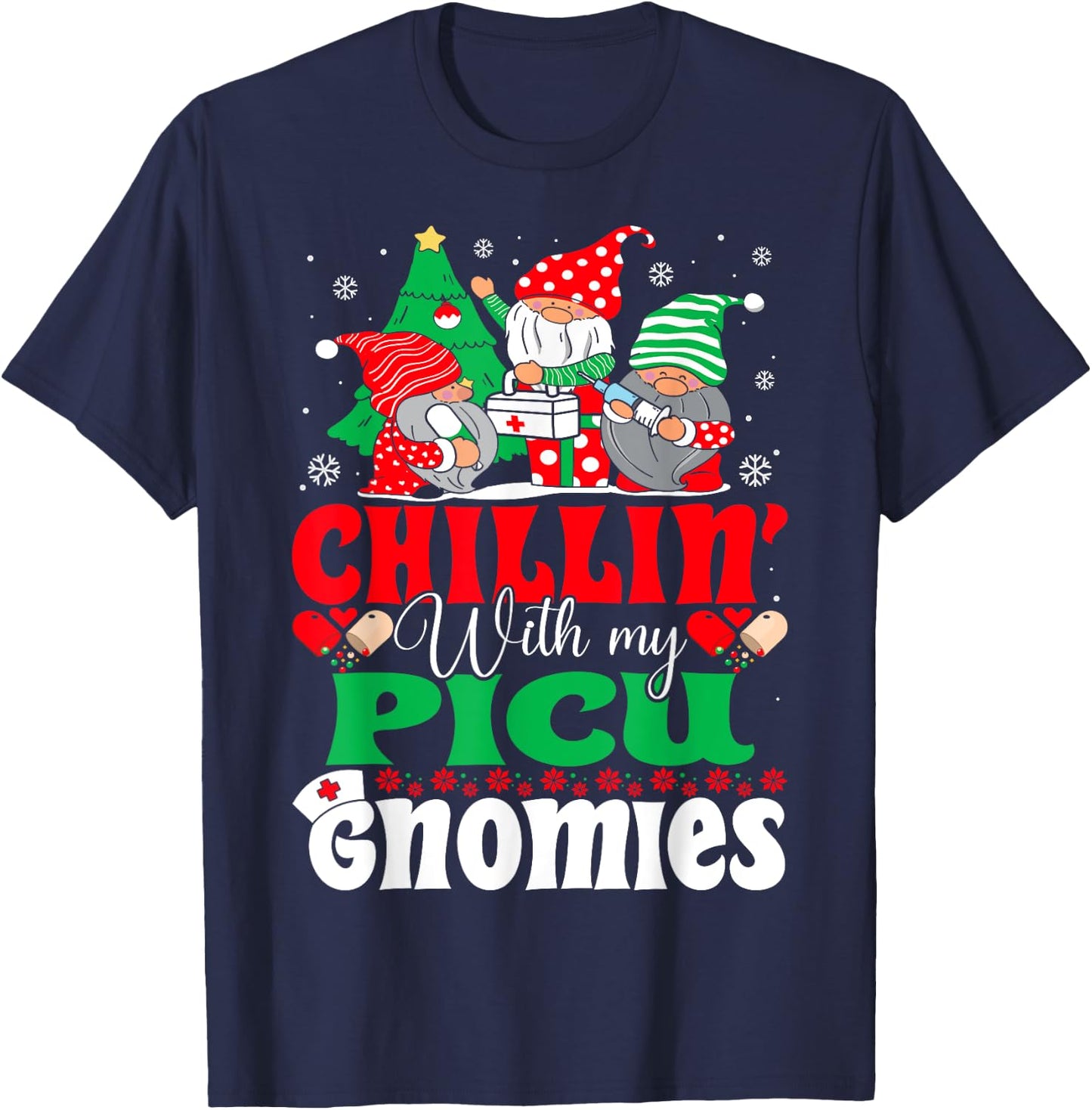 PICU Nurse Gnomes Pediatric Intensive Care Nurse Christmas T-Shirt - T-Shirt | Navy