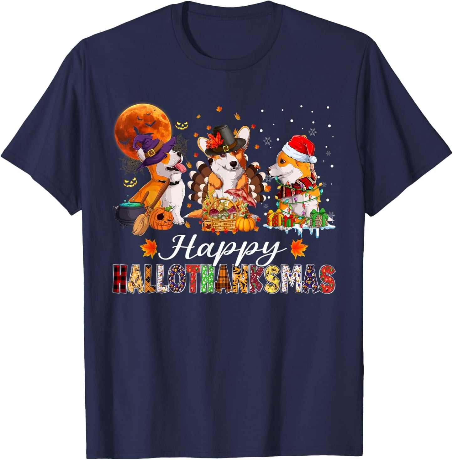 Corgi Dogs Halloween Thanksgiving Christmas Hallothanksmas T-Shirt - T-Shirt | Navy