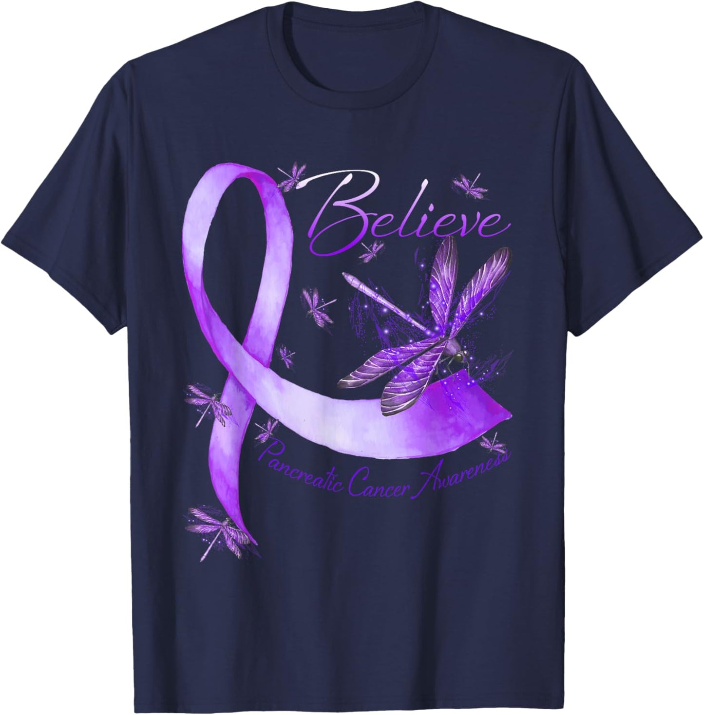 Believe Pancreatic Cancer Awareness Dragonfly Purple Ribbon T-Shirt - T-Shirt | Navy