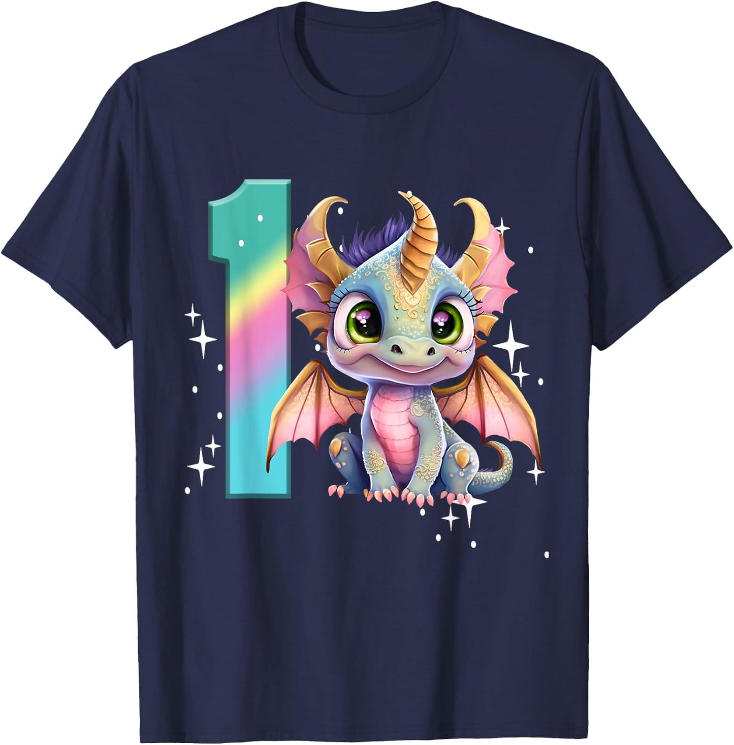 1st Birthday Shirt Dragon Party Baby Girl One First Rainbow T-Shirt - T-Shirt | Navy
