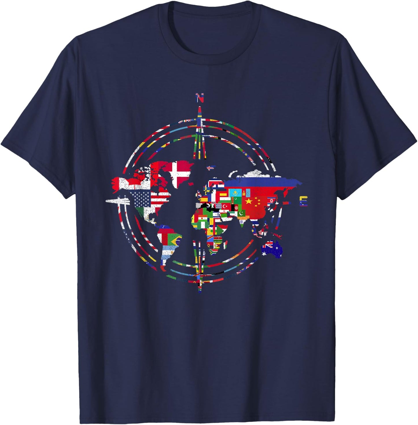 International Flags Compass World Travel World Map T-Shirt - T-Shirt | Navy