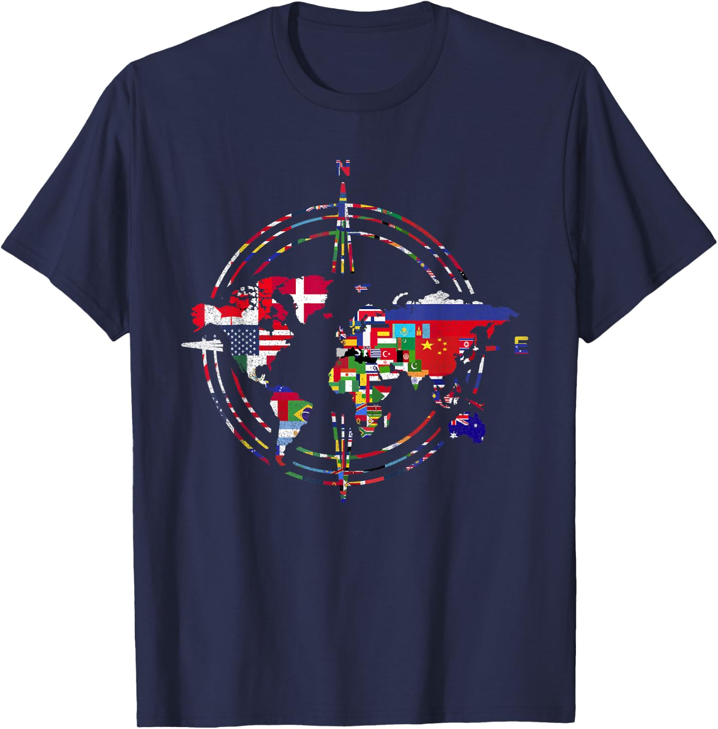 International Flags Compass World Travel World Map T-Shirt - T-Shirt | Navy