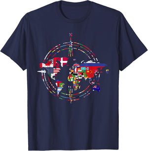 International Flags Compass World Travel World Map T-Shirt - T-Shirt | Navy
