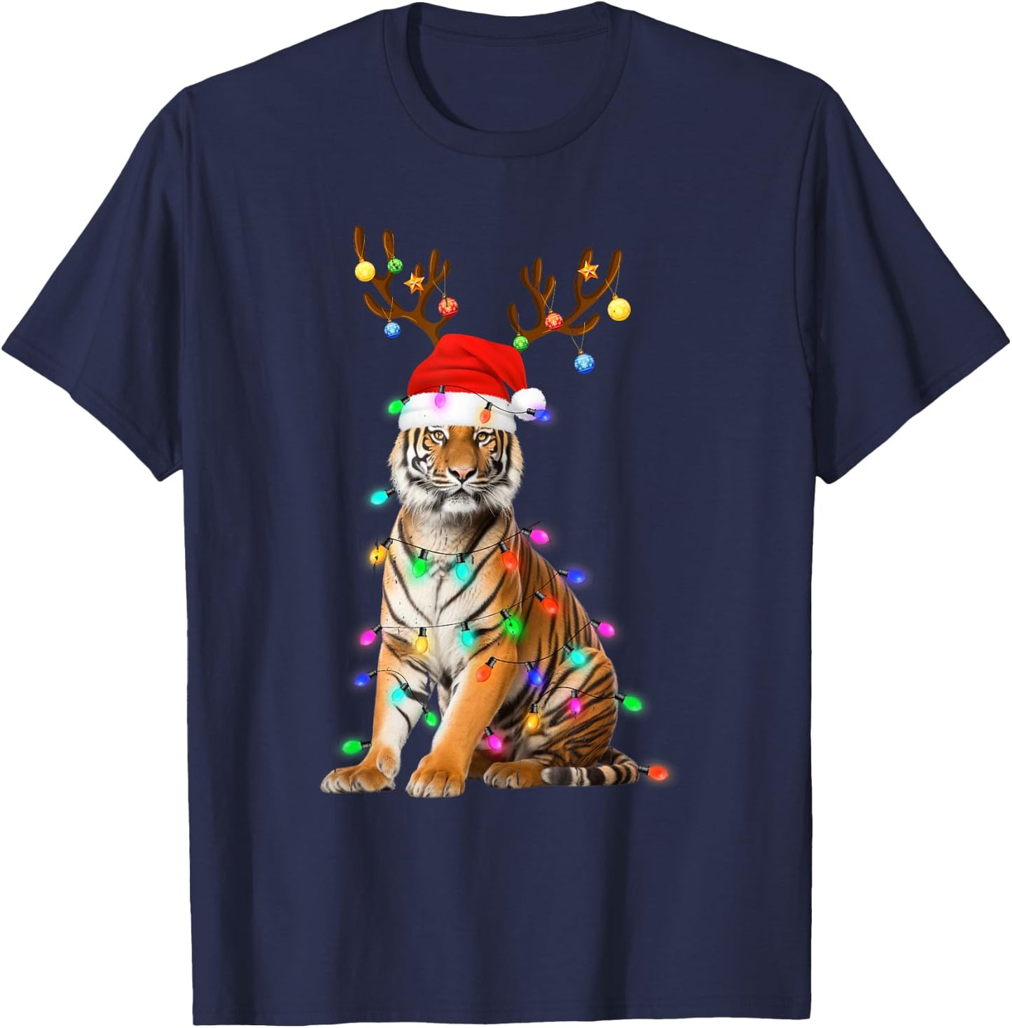 Santa Hat Funny Tiger Tree Xmas Light Animal Christmas T-Shirt - T-Shirt | Navy