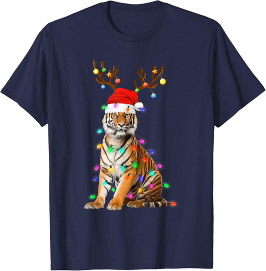 Santa Hat Funny Tiger Tree Xmas Light Animal Christmas T-Shirt - T-Shirt | Navy
