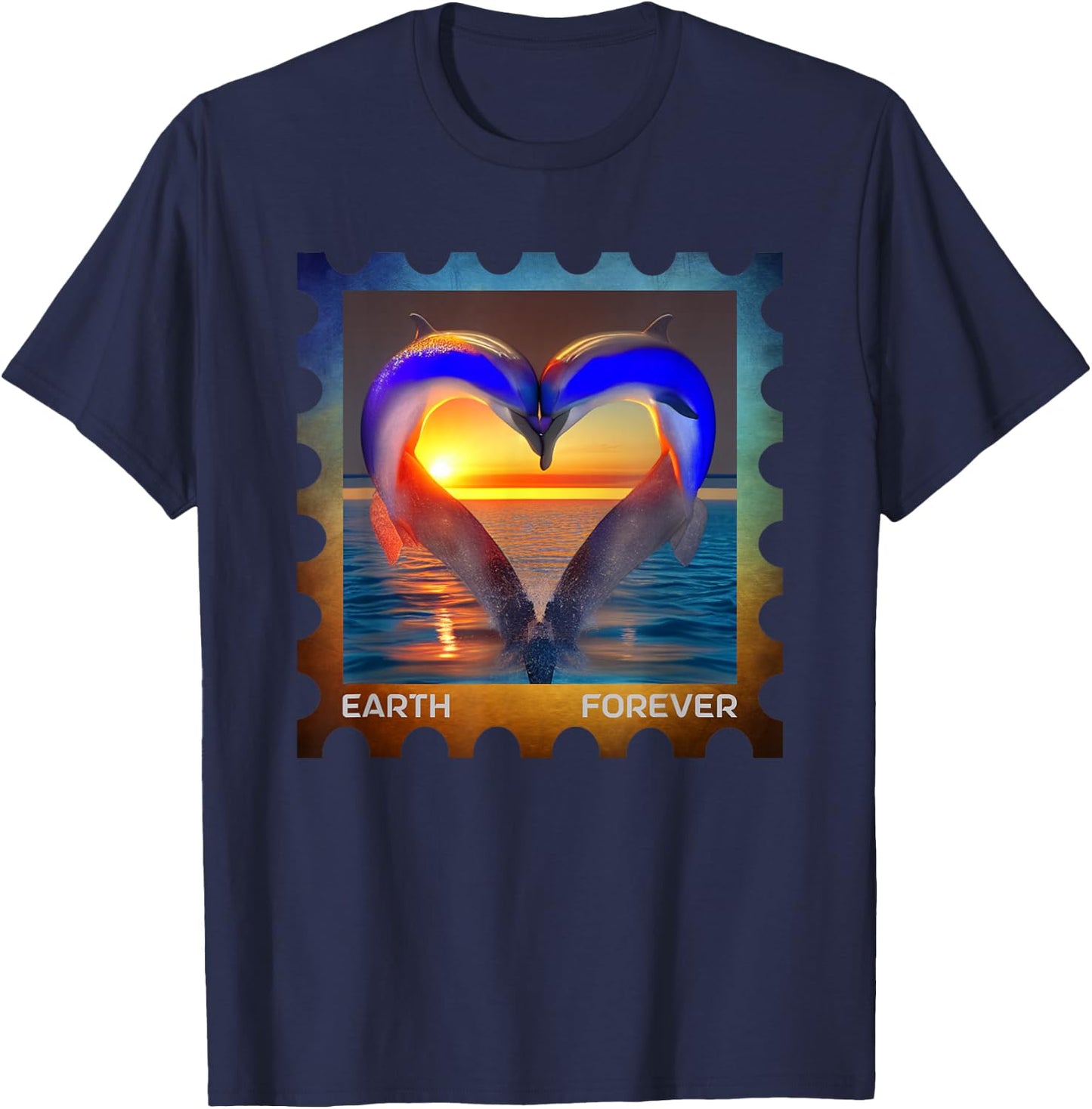 EARTH FOREVER Postage Stamp Ocean Sunset Heart Cute Dolphins T-Shirt - T-Shirt | Navy