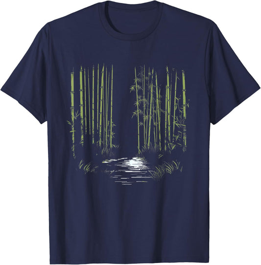 Minimalist Asian Bamboo Forest Line Art Nature T-Shirt - T-Shirt | Navy