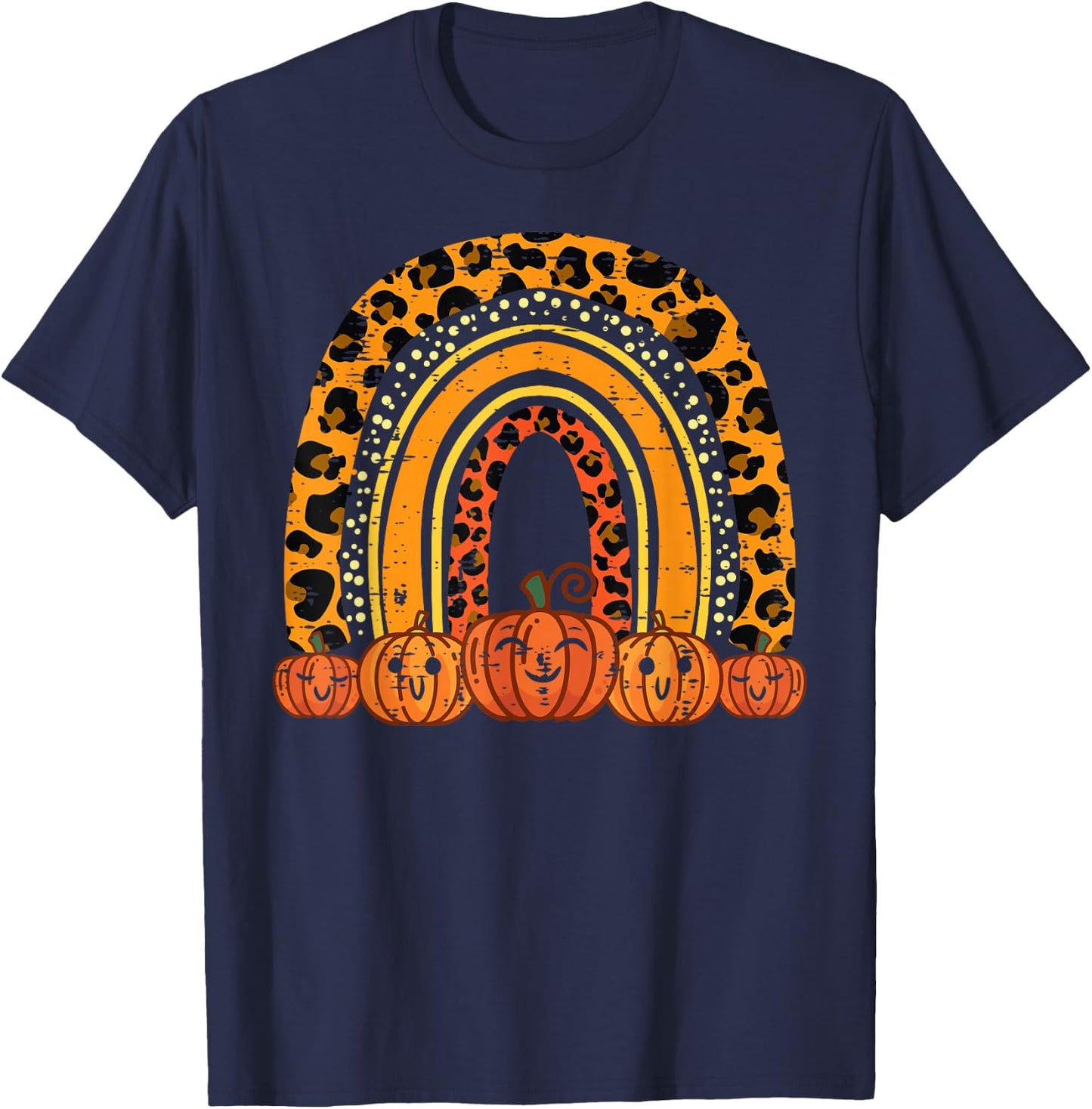 Leopard Rainbow Pumpkins Retro Halloween Costume Women Girls T-Shirt - T-Shirt | Navy