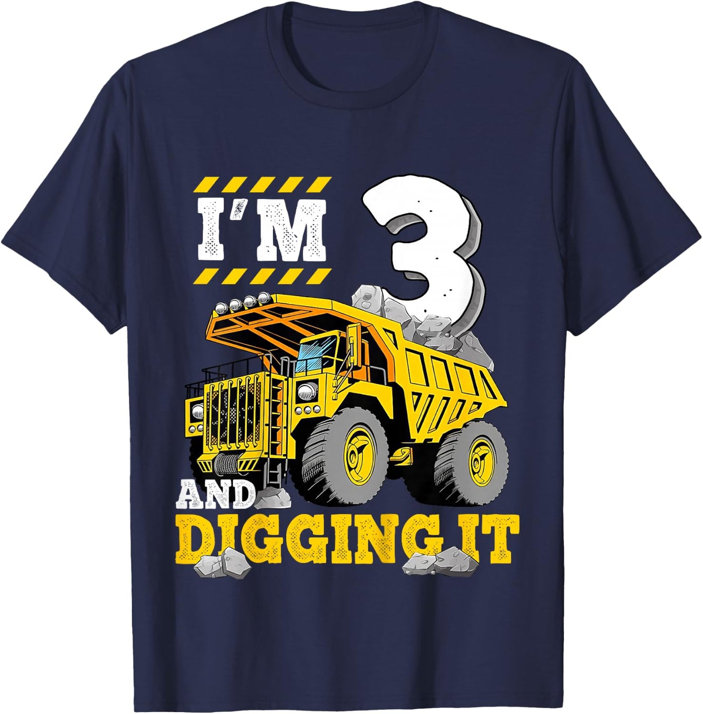 Kids Three 3rd Birthday Construction Truck 3yr Boy 3 Years Old T-Shirt - T-Shirt | Navy
