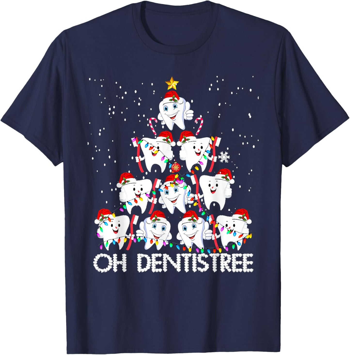 Oh Dentistree Toothbrush Teeth Xmas Lights Tree Christmas T-Shirt - T-Shirt | Navy