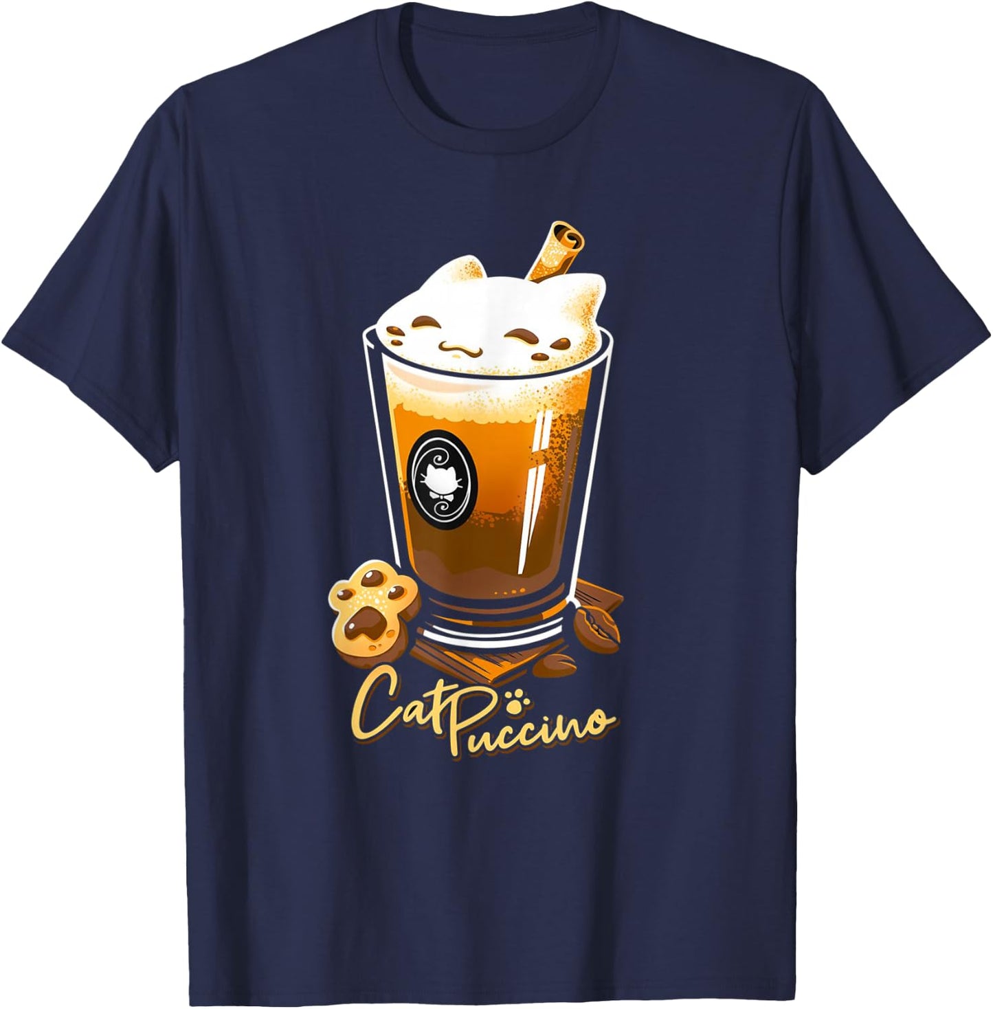 Retro Cat Boho Puccino Funny Coffee Cat Cute Cup T-Shirt - T-Shirt | Navy