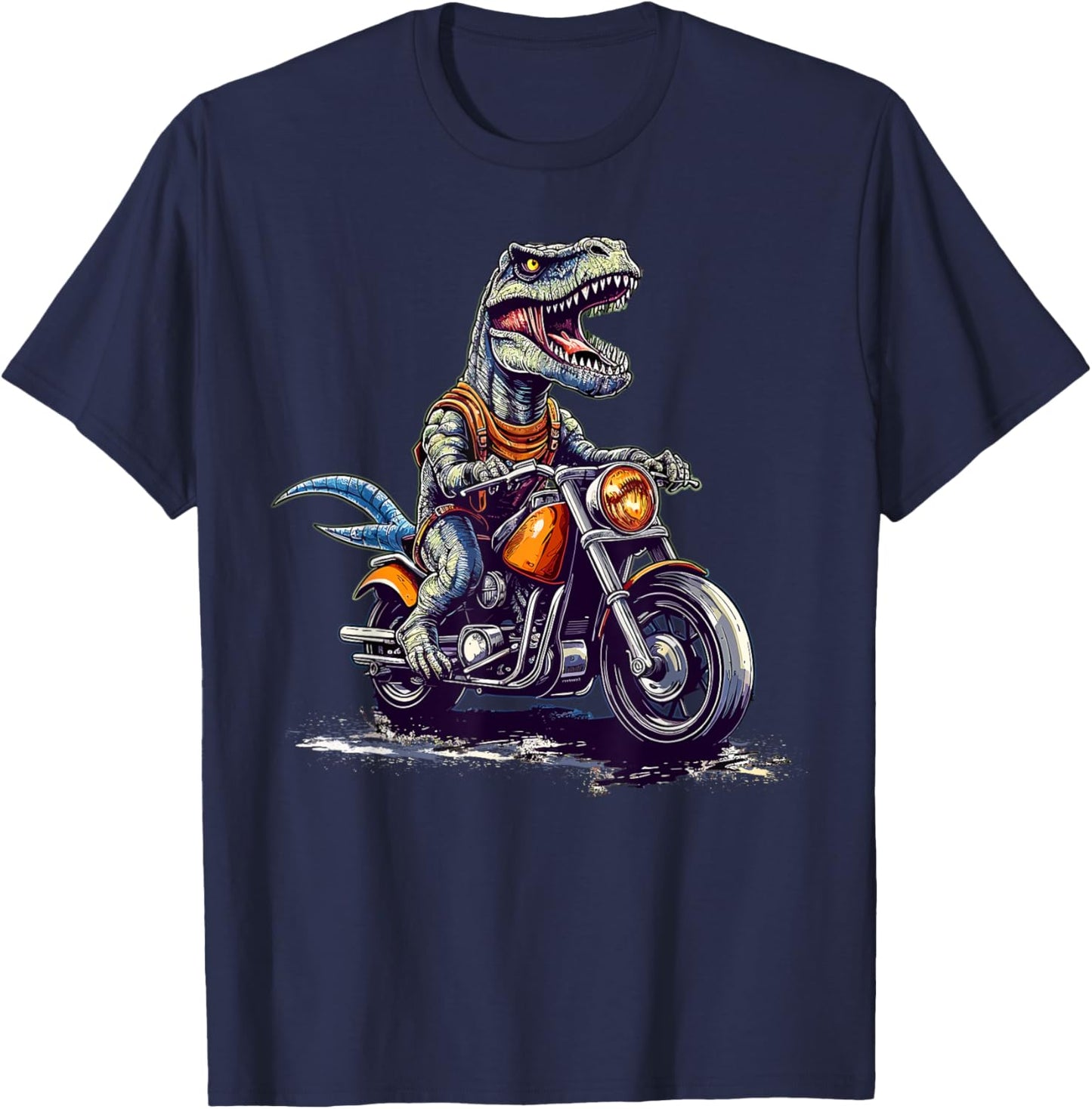 T Rex Riding Motor Bike Funny Dinosaur On Motorcycle T-Shirt - T-Shirt | Navy