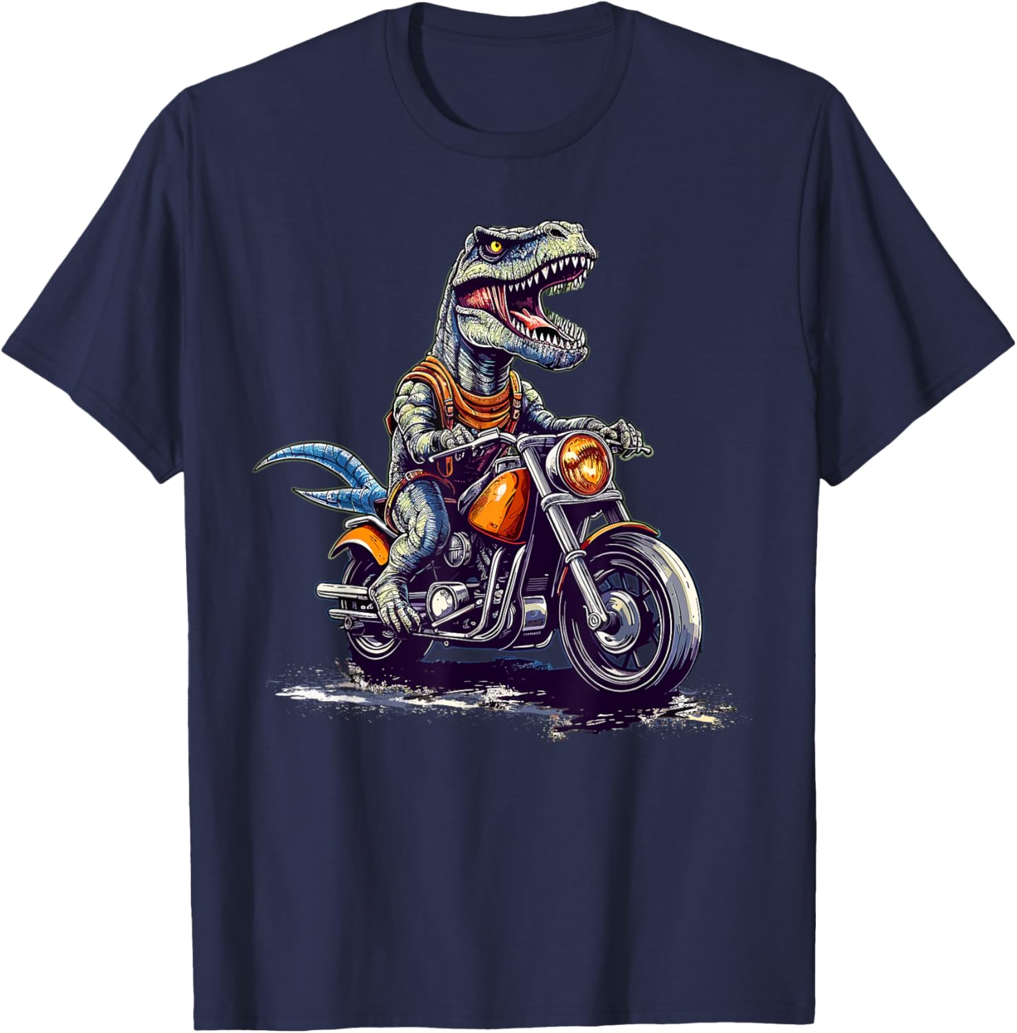 T Rex Riding Motor Bike Funny Dinosaur On Motorcycle T-Shirt - T-Shirt | Navy