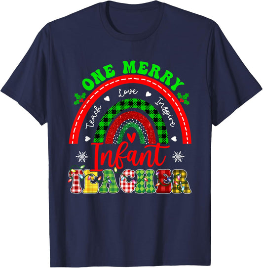 Xmas Teacher Rainbow One Merry Infant Teacher Christmas T-Shirt - T-Shirt | Navy